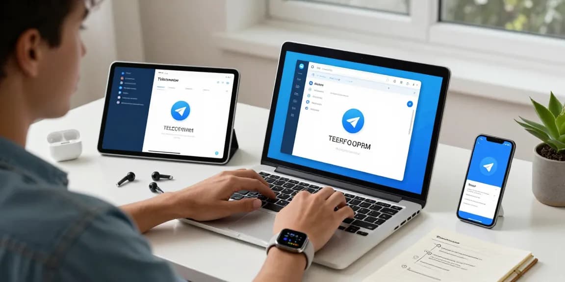 Download Telegram easily in a vibrant digital workspace with multiple devices showcasing seamless communication features.