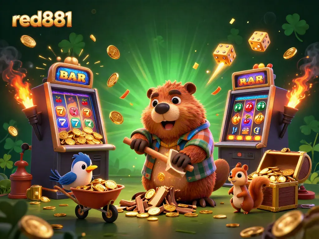 Experience the excitement of red881 with lively characters collecting golden coins in a dynamic casino scene.