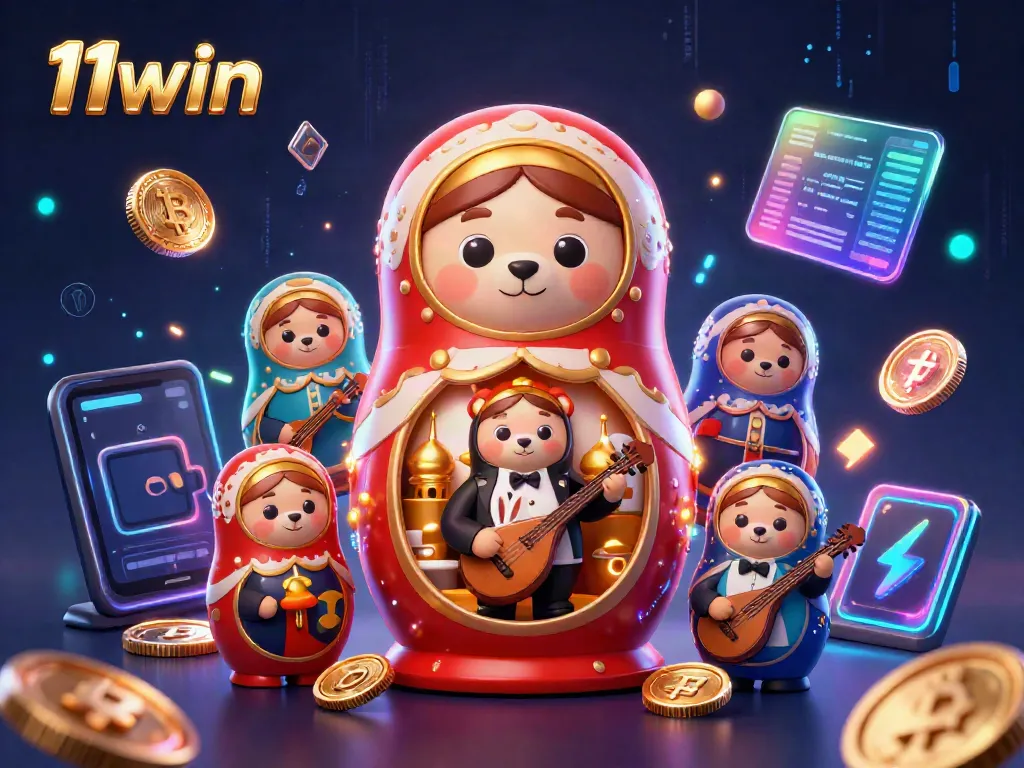 Experience thrilling gaming at 11win with vibrant Matryoshka bears and crypto elements.