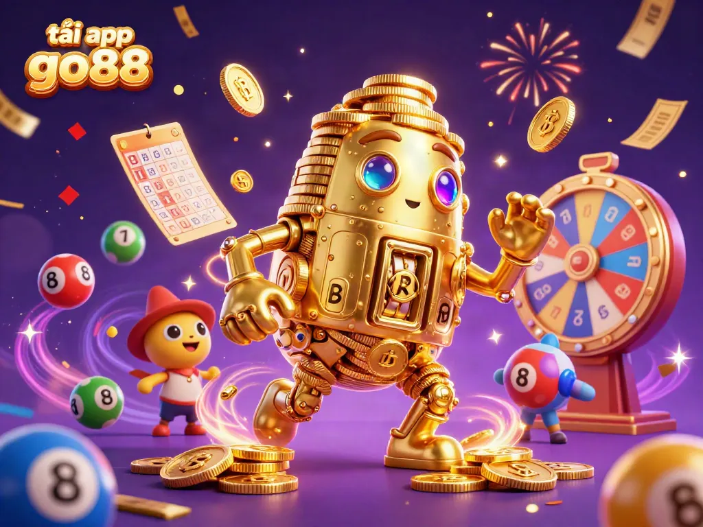 Experience excitement with tải app go88 in this vibrant 3D casino scene filled with dynamic lottery elements and a golden golem.