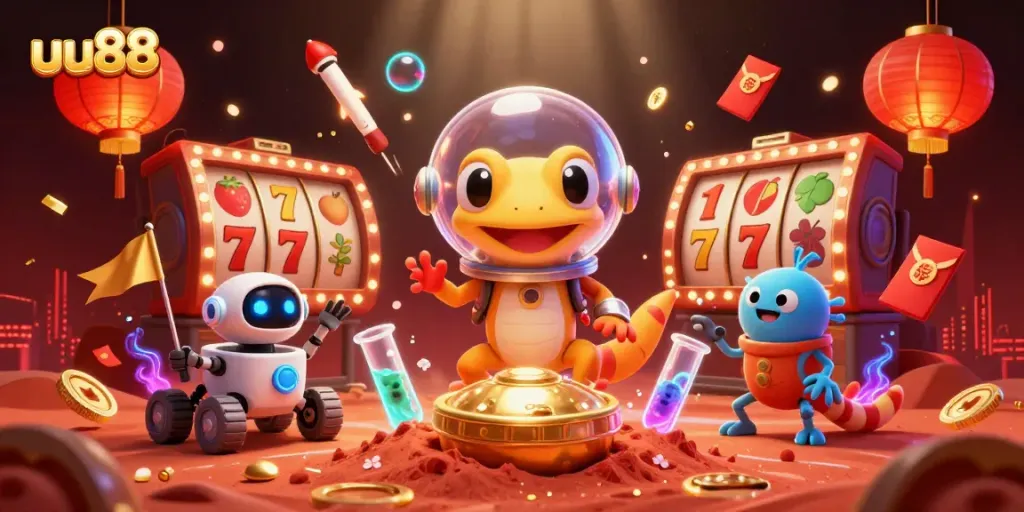 Win big with uu88 in this vibrant 3D casino scene featuring a Martian gecko and dynamic slot reels.