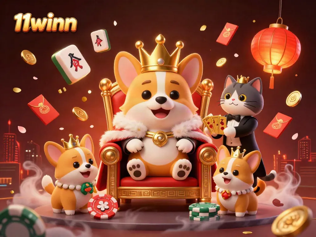 Join the vibrant world of 11winn with a royal corgi on a throne, surrounded by animated casino elements.