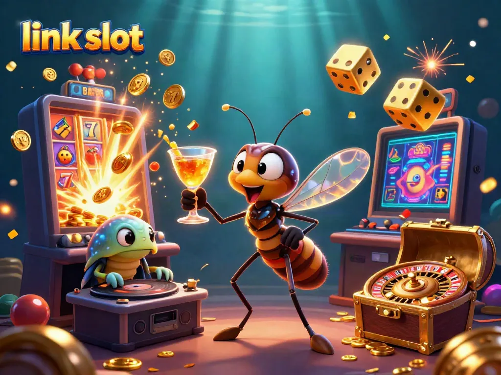Experience jackpot excitement with link slot amidst lively casino characters and dynamic gaming action.