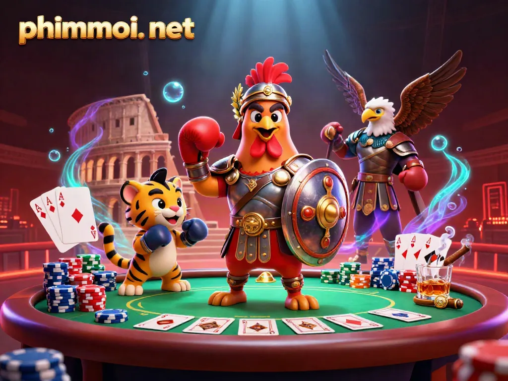 Engage with phimmoi. net and experience an electrifying poker scene featuring a gladiator rooster, sparring tiger cub, and roaring action.