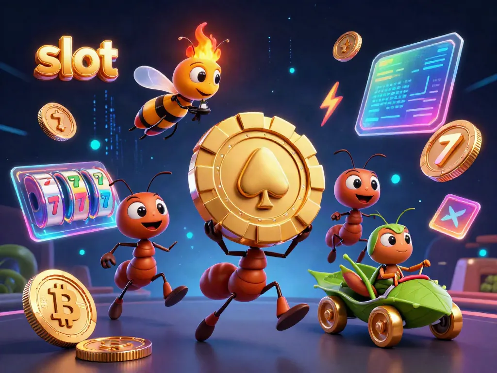 Watch a team of animated ants navigating a slot-themed heist with poker chips and neon coins.
