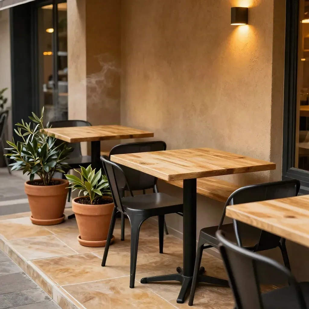 Leeg lunchterras met strakke tafels, terracotta plantenbakken en warme wandlampen.
