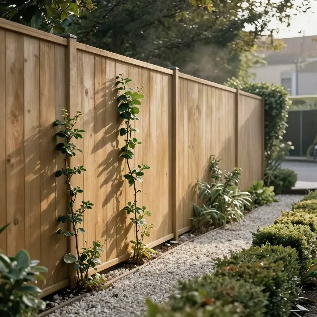Hoge houten schutting met klimplanten, grind en lage haag die de tuin afschermt.