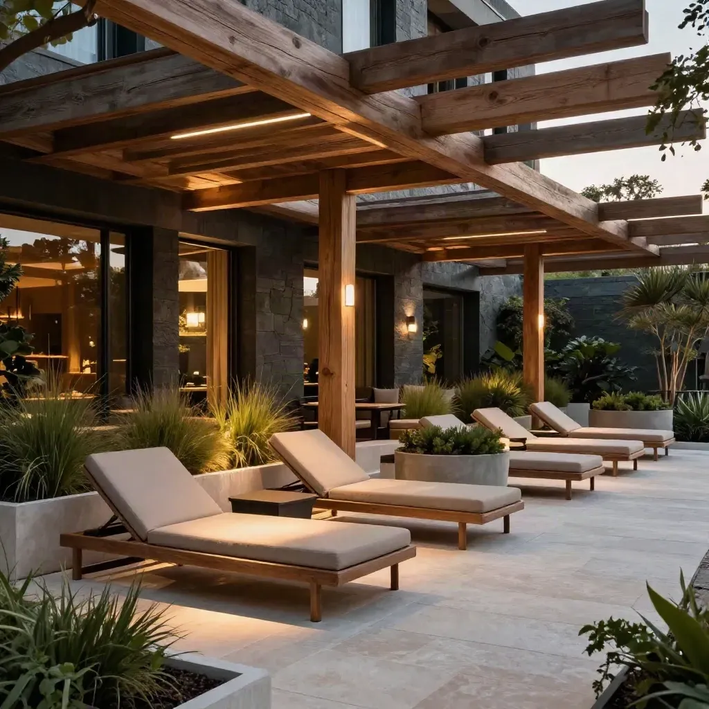 Leeg hotelterras met pergola, geïntegreerde lichtlijnen, plantenbakken en sfeervolle avondschaduw.