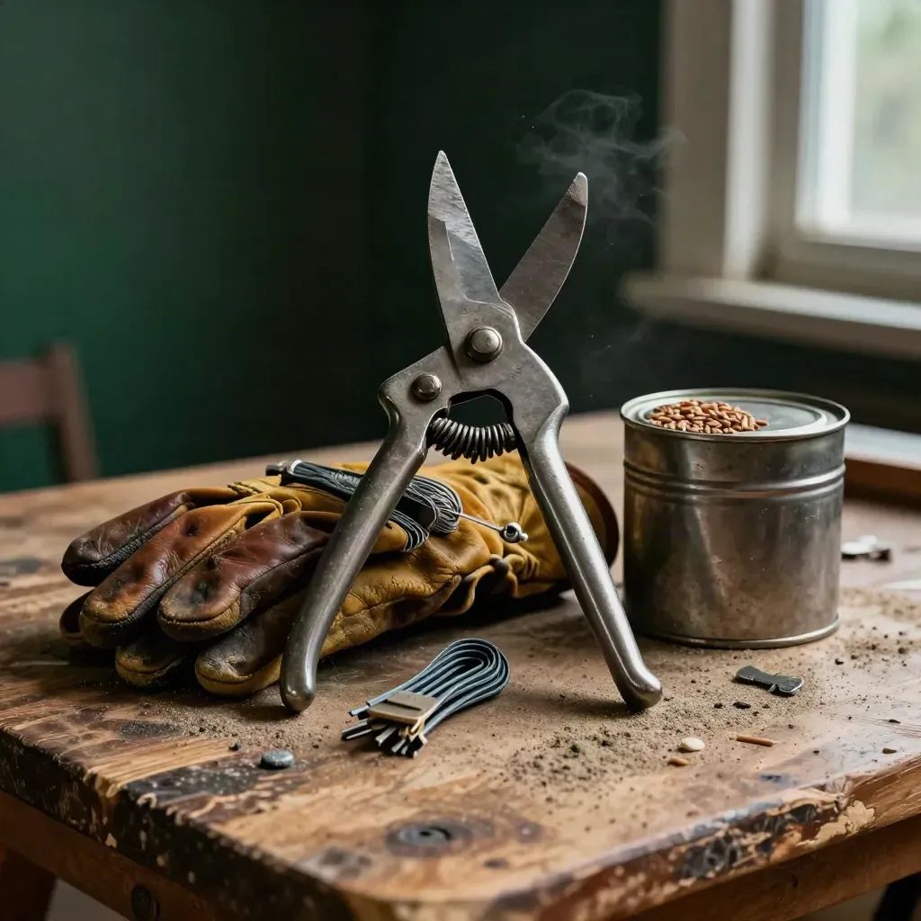 Verweerde snoeischaar, handschoen, kabelbinders, graszaad en meethaak op een werkbank.