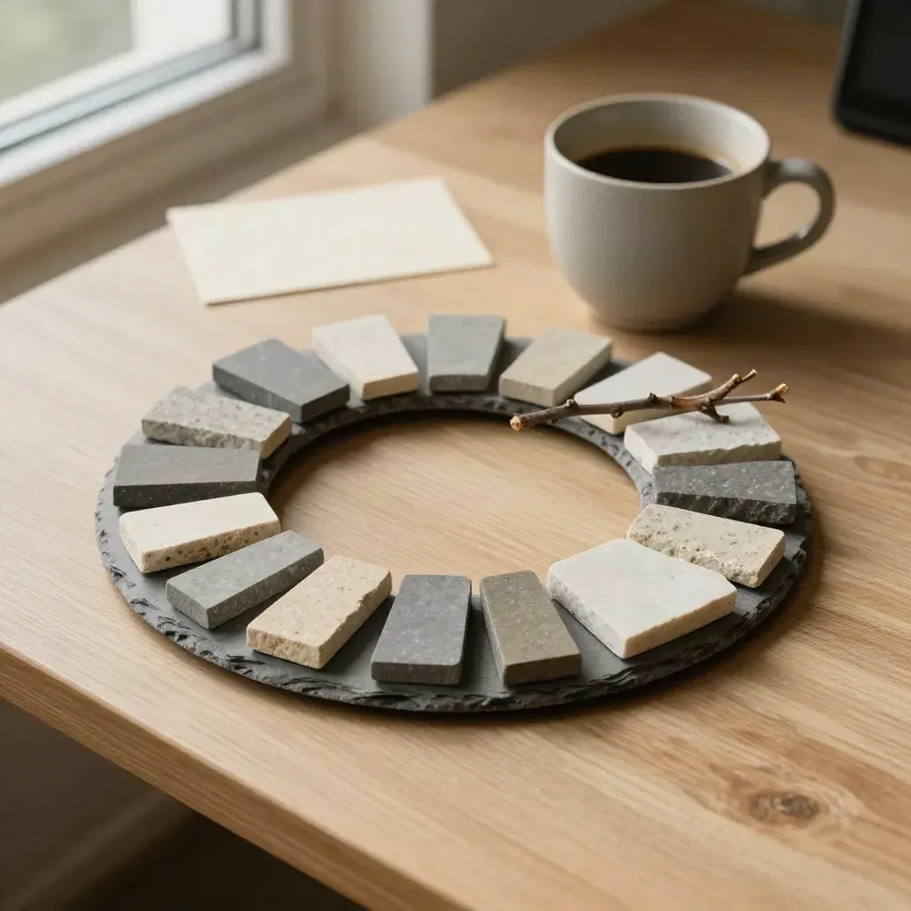 Bovenaanzicht van een ring met steenstalen, takje en matte koffiekop op licht eiken werkblad.