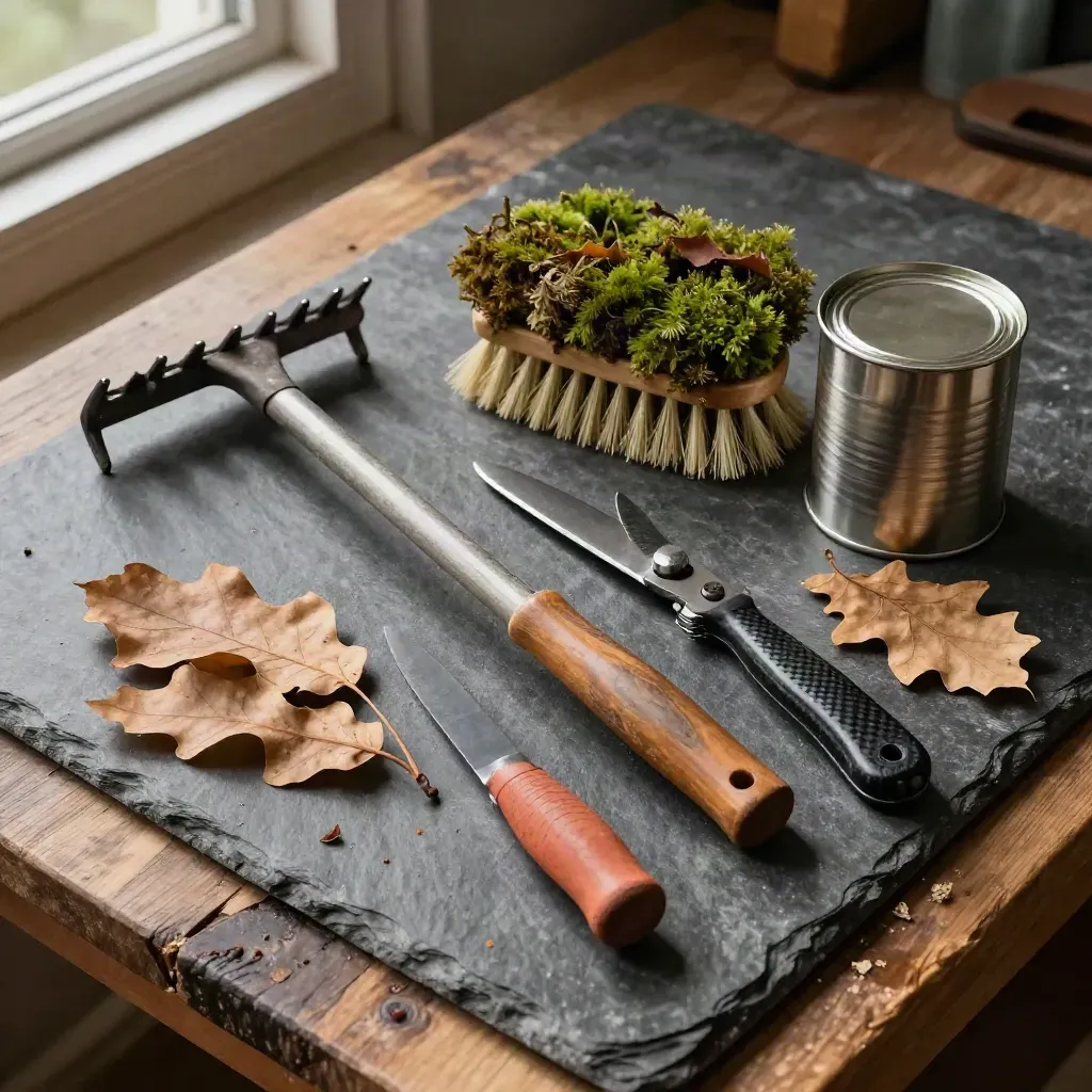 Onderhoudsstill-leven met tuingereedschap op leisteen en droog blad