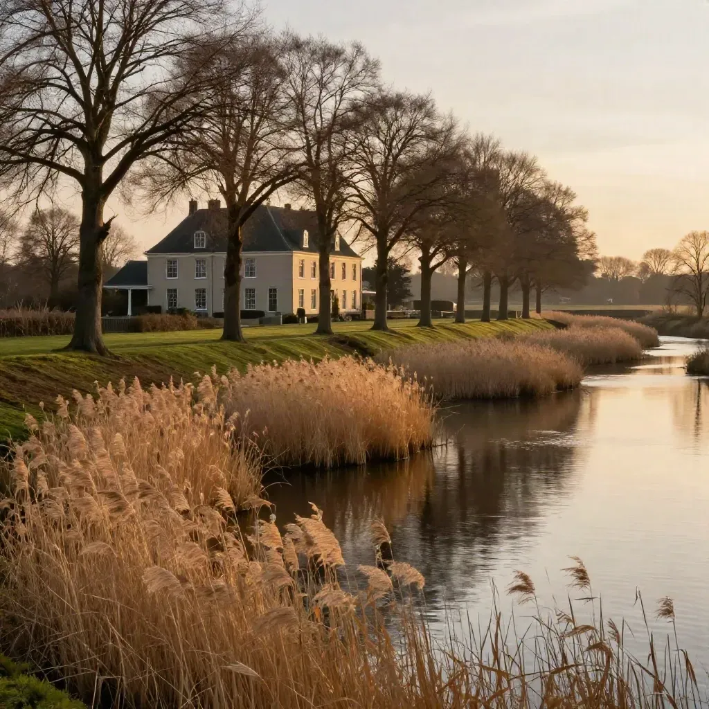 Vechtlandschap met riet, statige buitenplaats en spiegelend water in avondlicht.