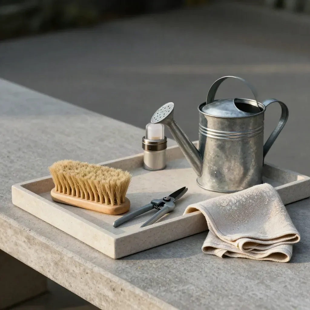 Onderhoudsset met borstel, doek, snoeischaar, lampdetail en gietkan op stenen tray.