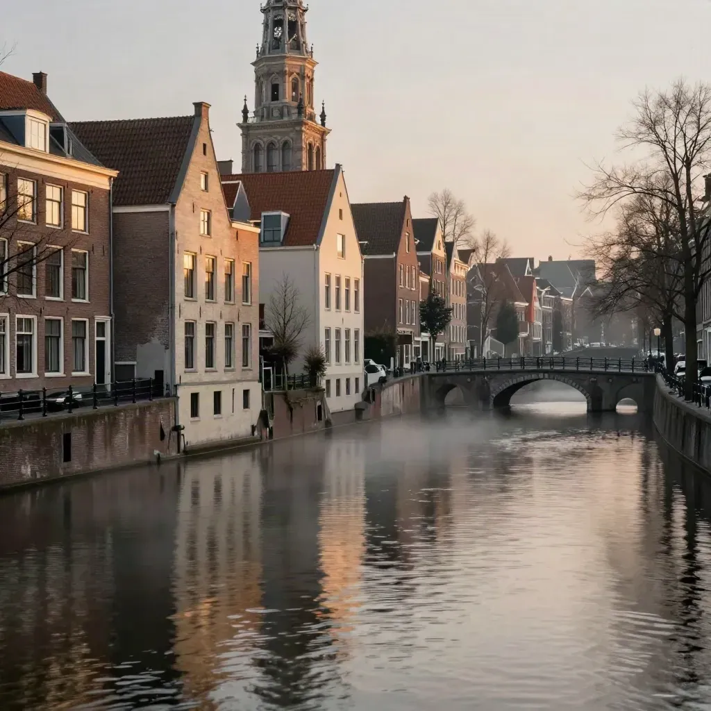 Utrechtse grachten met de Domtoren hoog, bruggen, kades en rustige mistig wateroppervlak