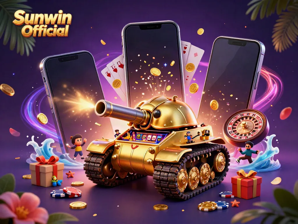 Experience the thrill of casino action at Sunwin Official with a vibrant 3D scene of engaging games and excitement.