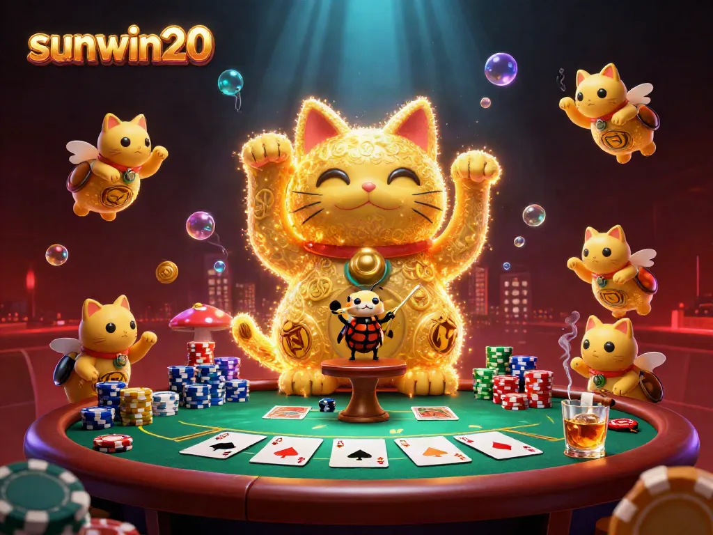 Experience the luck of sunwin20 with a colorful giant lucky cat symbolizing casino excitement.