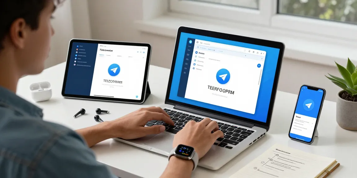 Download Telegram easily in a vibrant digital workspace with multiple devices showcasing seamless communication features.