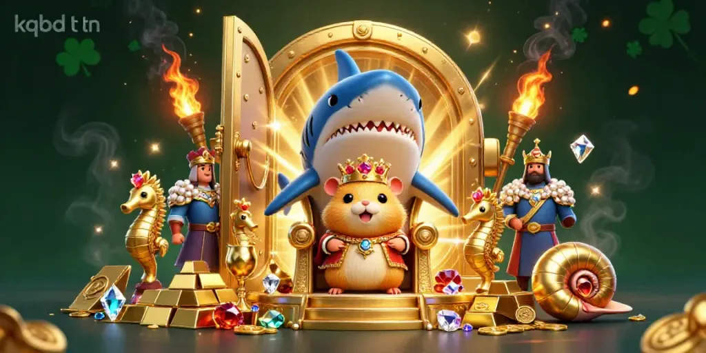 Engage with kqbd tt hn featuring a golden hamster king amidst sparkling treasures in a royal ocean scene.