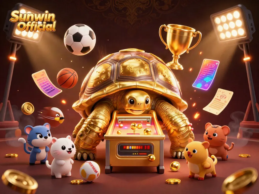 Experience excitement with Sunwin Official, as cute animals anticipate their turn at the golden tortoise pinball machine amidst thrilling casino elements.