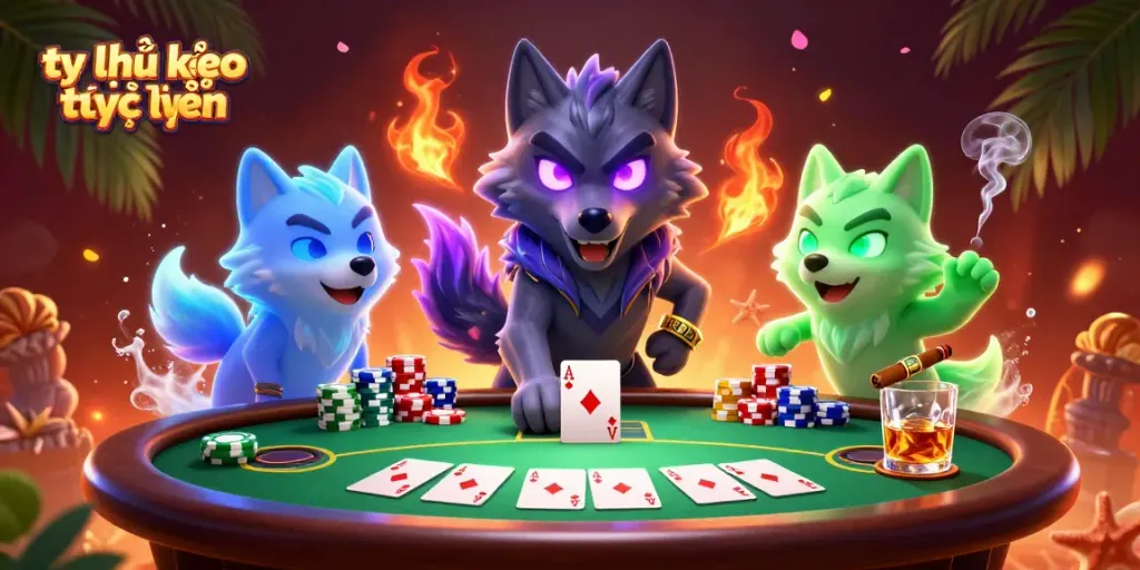 Engage with tỷ lệ kèo trực tuyến as a dynamic pack of spectral wolves leads the way in a vibrant poker environment.
