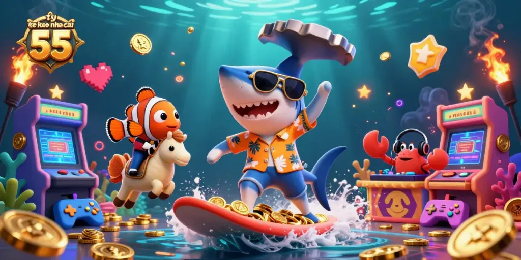 Experience the thrill of ty le keo nha cai 55 with a vibrant underwater casino scene featuring colorful characters and gaming elements.