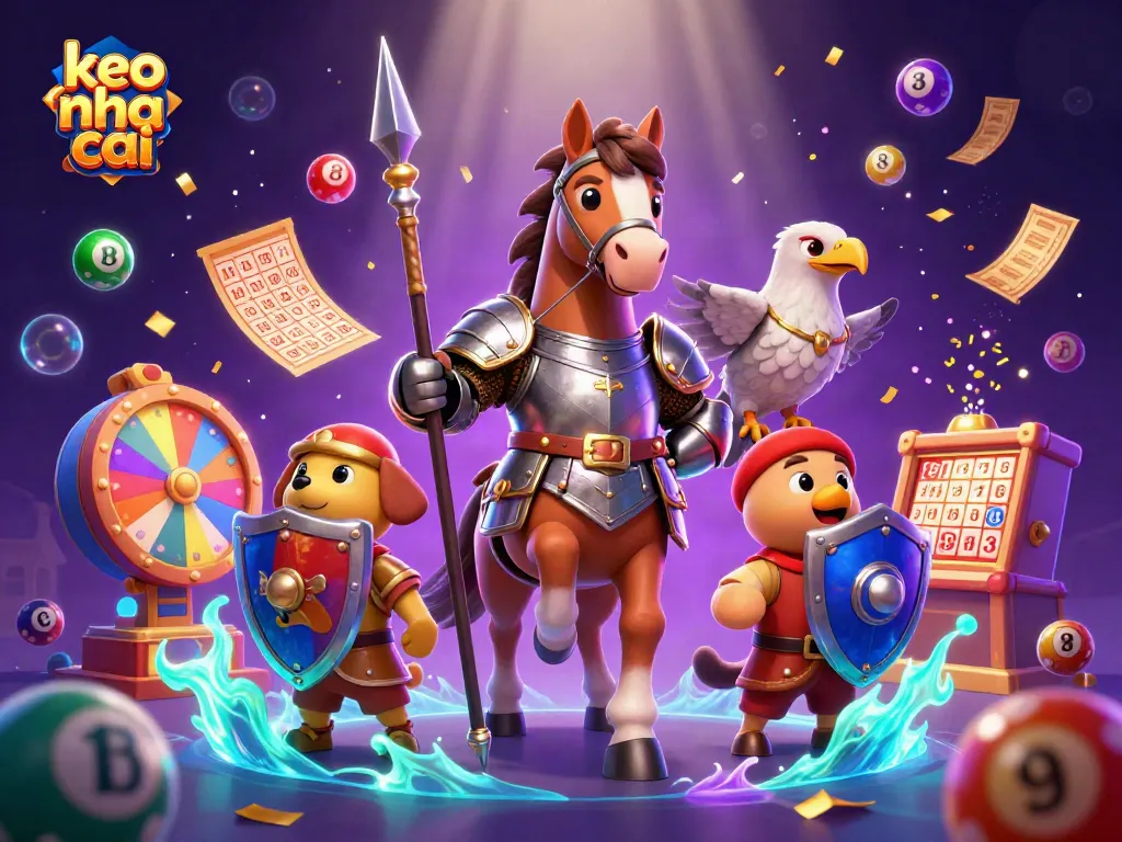 Join the excitement of keo nha cai with a vibrant illustration showcasing lottery balls, a knight, and a playful puppy.