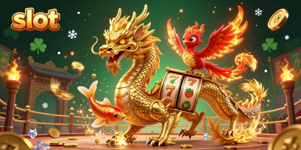 Engaging scene of a slot-themed illustration featuring a golden dragon and phoenix, capturing casino excitement.