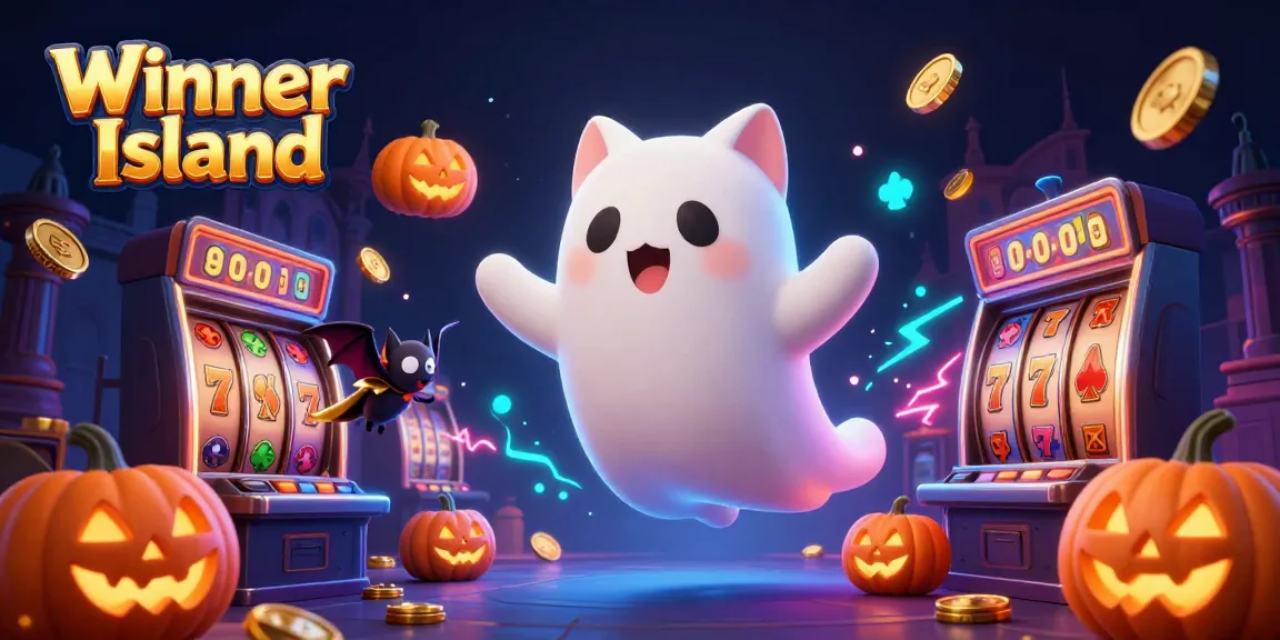 Experience the thrill of winning at Winner Island Casino with dynamic gaming elements surrounding a friendly ghost cat and its bat companion.