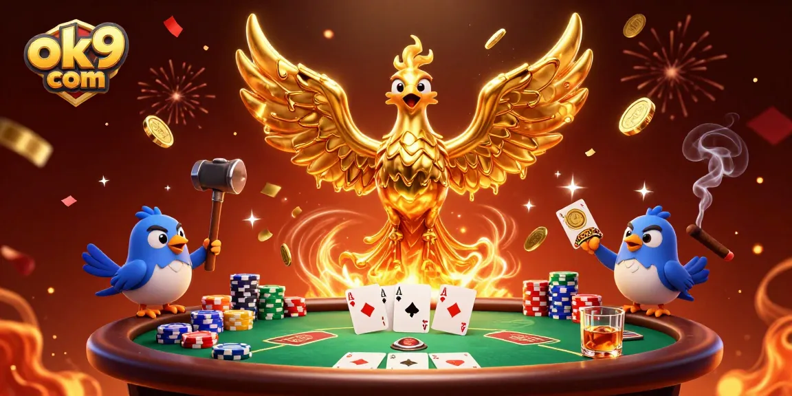 Experience thrilling wins at ok9 com with a molten phoenix and poker elements in vibrant illustration