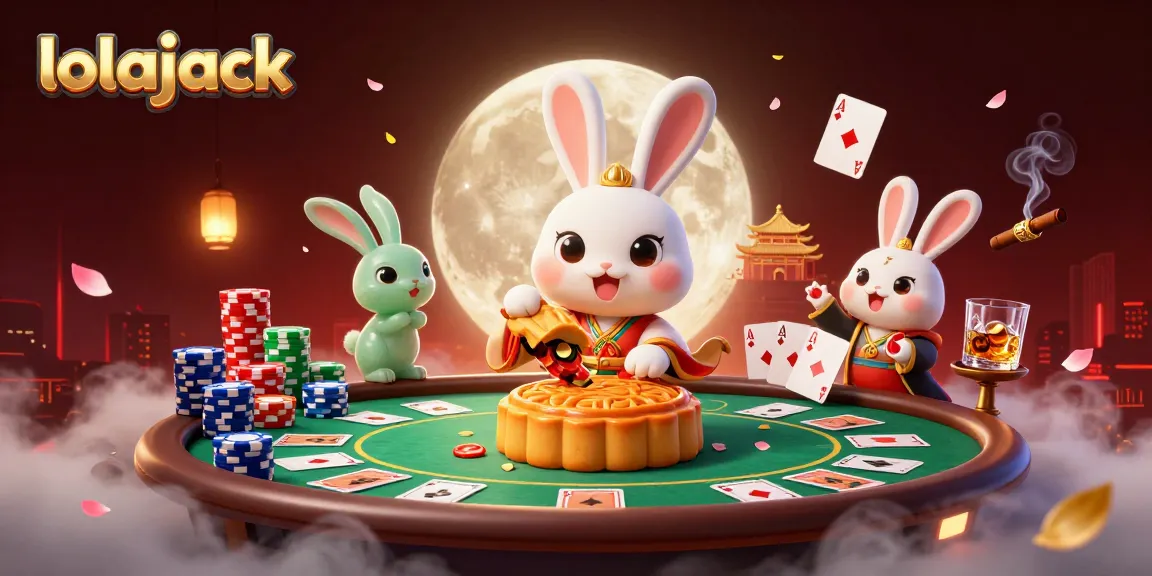 Experience the thrill of lolajack casino with a whimsical moon rabbit pounding mooncakes, revealing poker chips.