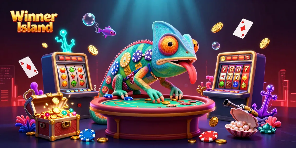 Experience thrilling gaming at Winner Island with our vibrant 3D casino scene showcasing chameleon characters and dynamic slot elements.
