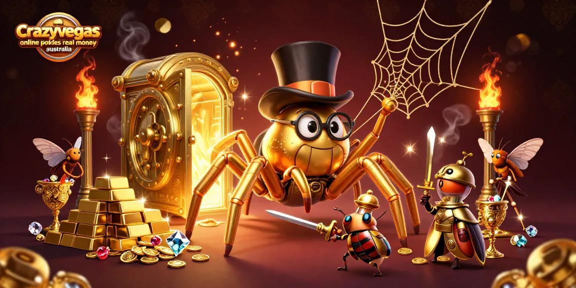Discover crazyvegas online pokies real money Australia as a giant golden tarantula weaves golden threads in a rich casino scene.